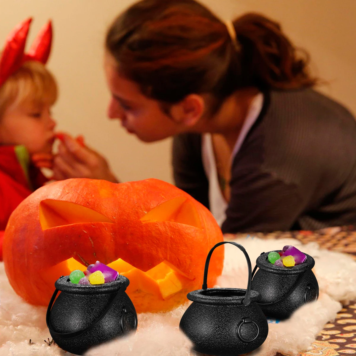 10pcs Bucket for Kids Halloween Candy Holder Black Witch Cauldron Party Gift Kettle Small Decor Props