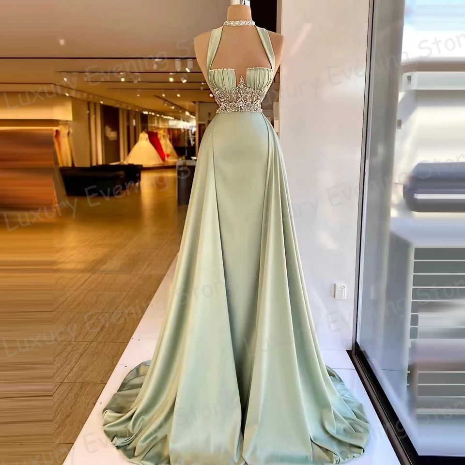 Vestido de noche verde de lujo para mujer, traje Sexy de sirena sin tirantes, sin mangas, de satén, a la moda, elegante, para fiesta de Gala, 2024