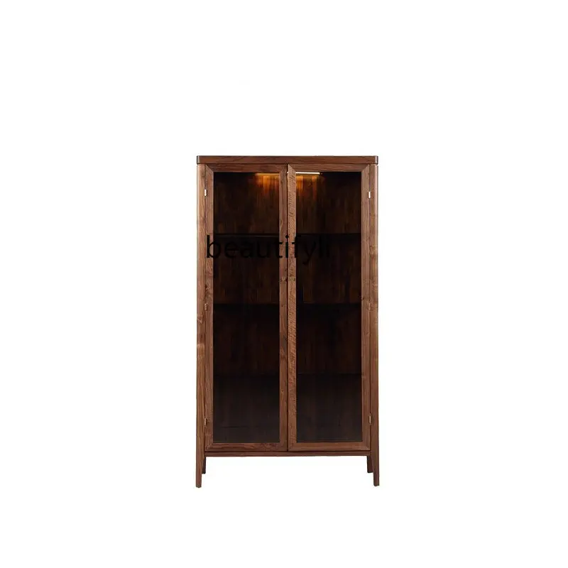 

Black Walnut Modern Minimalist Full Solid Wood Cabinet Restaurant Wine Cabinet Nordic Style Living Room Display Side Cabinet