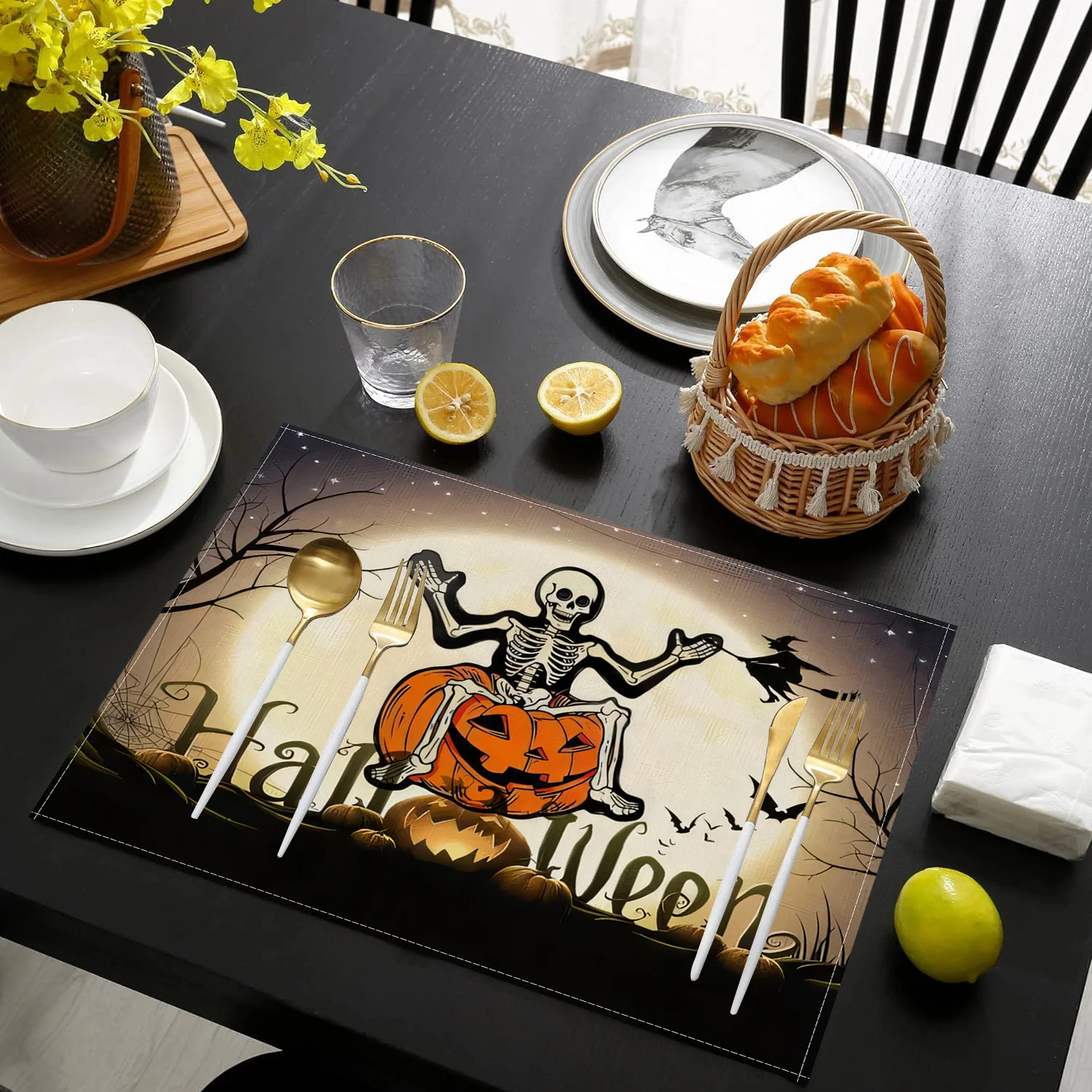 Halloween-Themed Table Mats Pumpkin & Skeleton Design, Heat-Resistant Polyester, Perfect For Dining & Home Decor