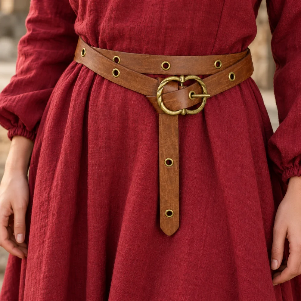 Vintage PU Leather Double Waist Belt for Women, Brown Medieval Long Tail Belt with Antique Brass Ring Buckle, Renaissance Viking