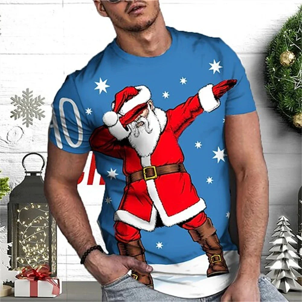 Men\'s Summer Christmas Print 3dt Shirt O Collar Short Sleeve Santa Claus Holiday Party Casual Loose Plus Size Top Clothing