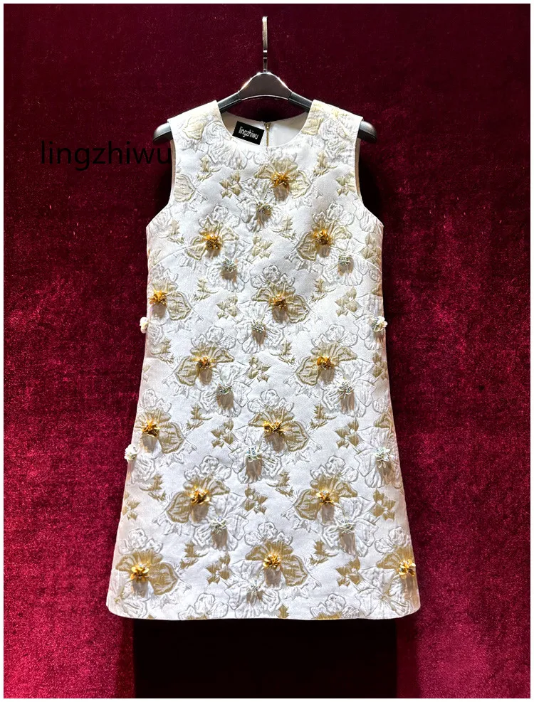 

lingzhiwu Jacquard Dress French Vintage Handmade Beading Sleeveless Dresses A-Line Vestidos Appliques Summer 2024 New Arrive