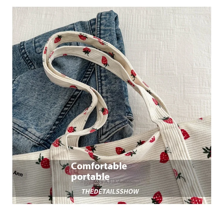 Cordhandtasche Erdbeeren Strandtasche Modische vielseitige Umhängetasche Große Kapazität Einfache Pendler-Damen-Einkaufstasche Bolsos – Detail 5