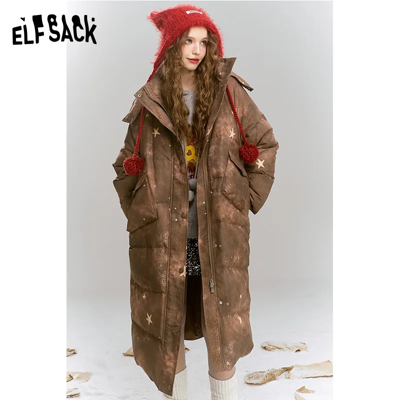 ELFSACK 2024 invierno nuevas llegadas Maillard Vintage café estampado cálido chaqueta larga con capucha