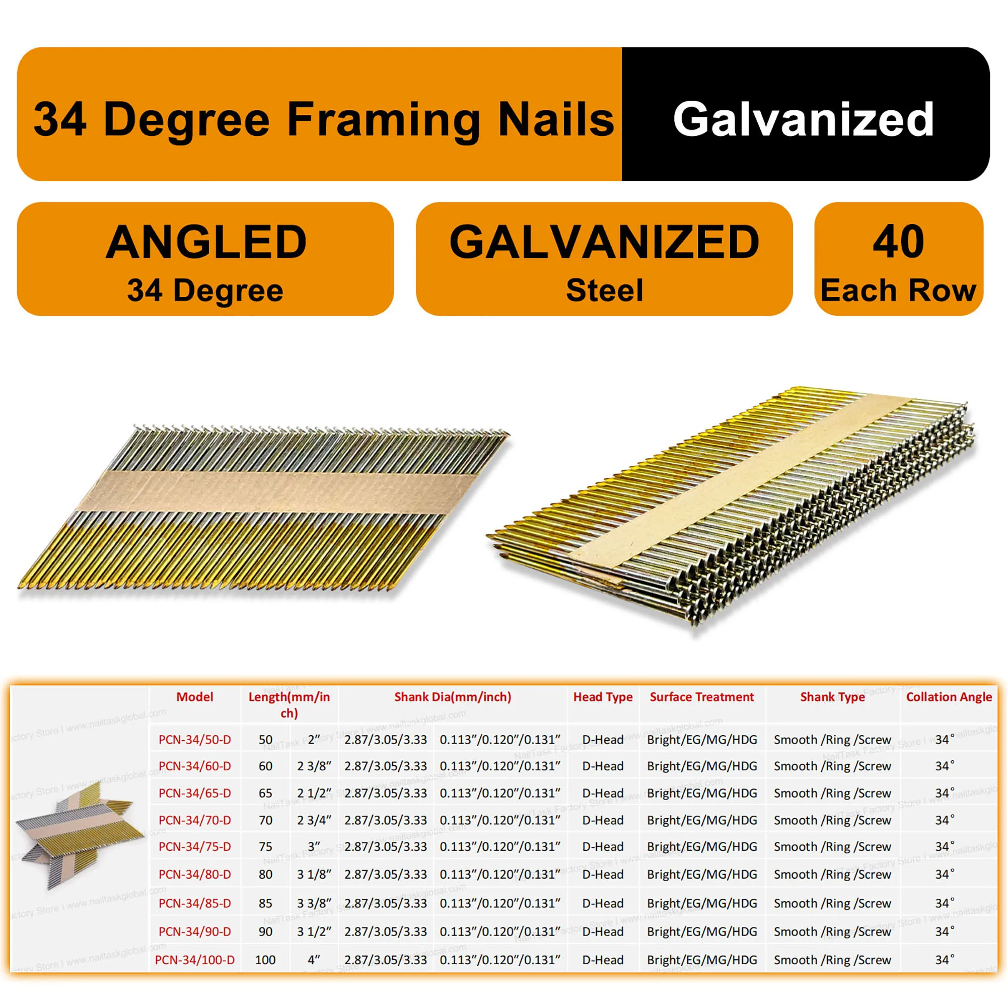 34°Framing Nails D Head Nail 400PCS Paper Row Nails for 30-34 Degree Framing Nailers Construction Floor and Wall