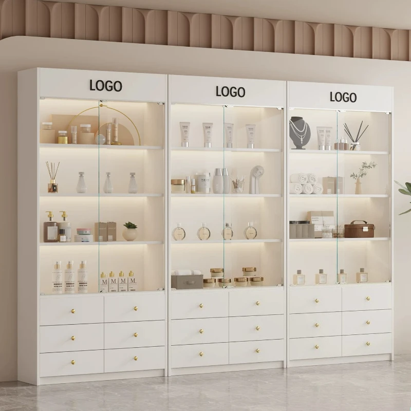 

Nordic Cream Style Glass Display Cabinet Modern Simple Beauty Salon Cosmetic Multi-layer Display Shelf Commercial Furniture FYMC