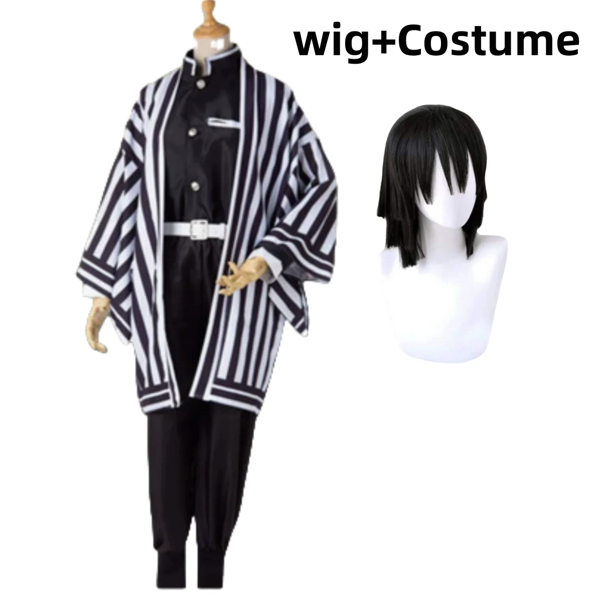 Anime Iguro Obanai Cosplay Costume Hashira Member Stripe Shawl Coat Black Fight Uniform Wig Man Woman Christmas Party Suit - Image 5