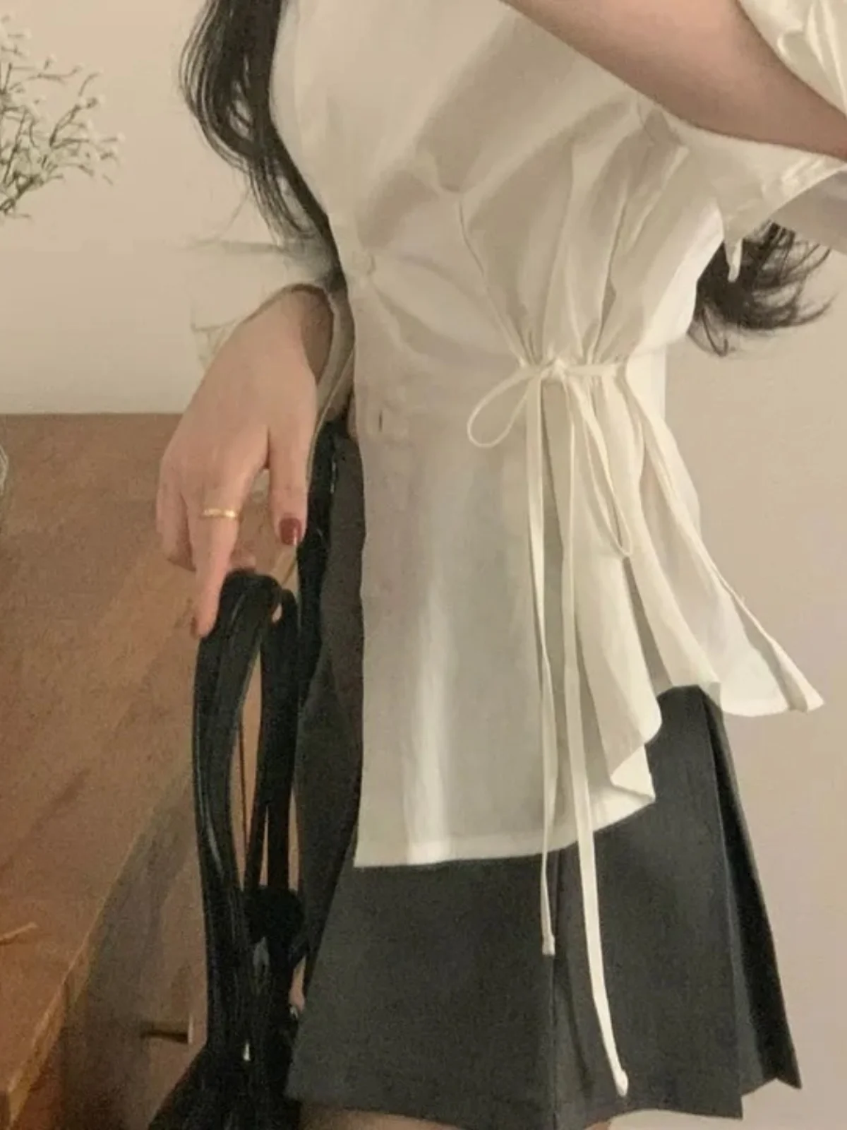 Koreanisches Sle Side Bow Waist Cinching irt Damen-Ele White Top Frühling 2025, Neuankömmling Slim Fit Long Sve Ne