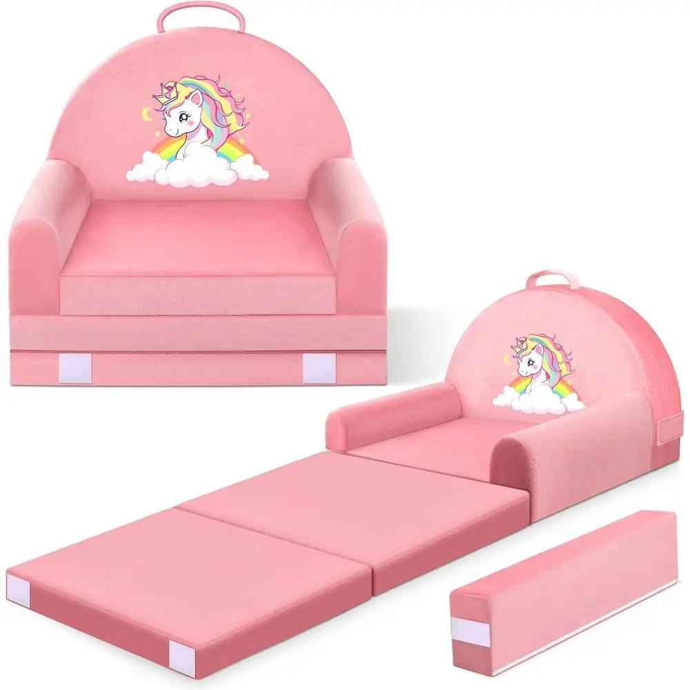 

Unicorn Kids Sofa Bed with Removable Washable Cover & ​​Hook and Loop​​ Backrest – Foldable Toddler Chair, Cozy Crystal Velvet F