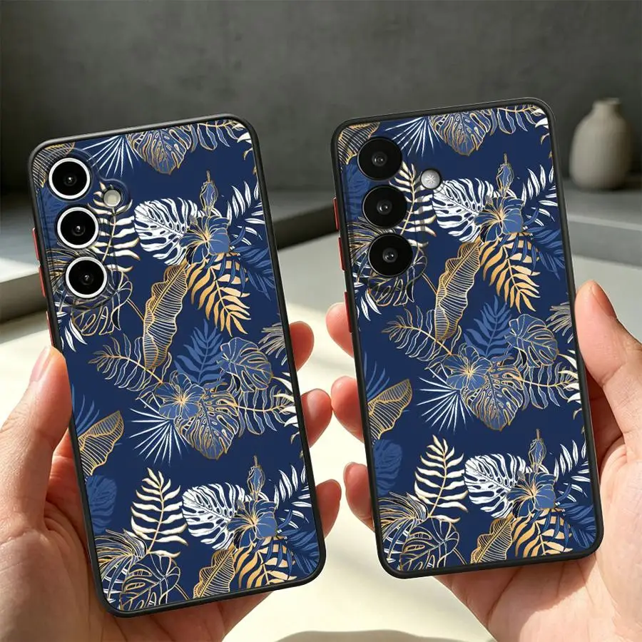 Blue Gold Tropical Leaf Case for Samsung Galaxy A73 A33 A34 A36 A17 A52 A35 A14 A23 A52S A72 A16 A15 A56 A55 A54 A53 Phone Cover