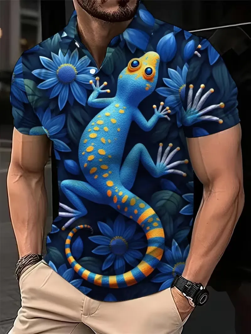 Men's 3D Blue Gecko Floral Print Polo Shirt Tropical Lizard Short Sleeve Casual Fashion Golf Tee Button Up Sport Polo Shirt