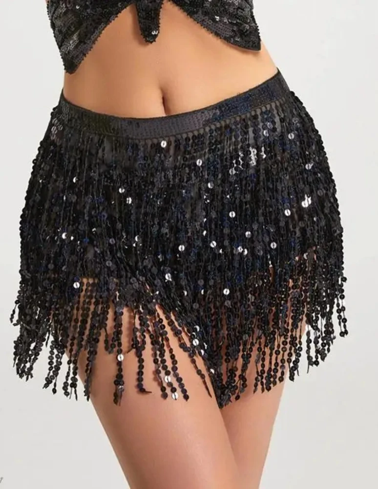 Damen Pailletten-Quasten-Bauchtanzrock Glänzende Perlen Taillenkette Saumrock Bohemian Taillenrock Gürtel – Detail 8