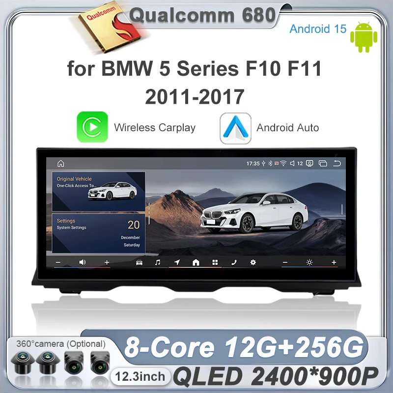 Android 15 для BMW 5 серии F10 F11 2011-2017 535li 525li 520li с системами CIC NBT, беспроводным CarPlay, LHD/RHD, 12.3-дюймовый GPS-автомагнитола