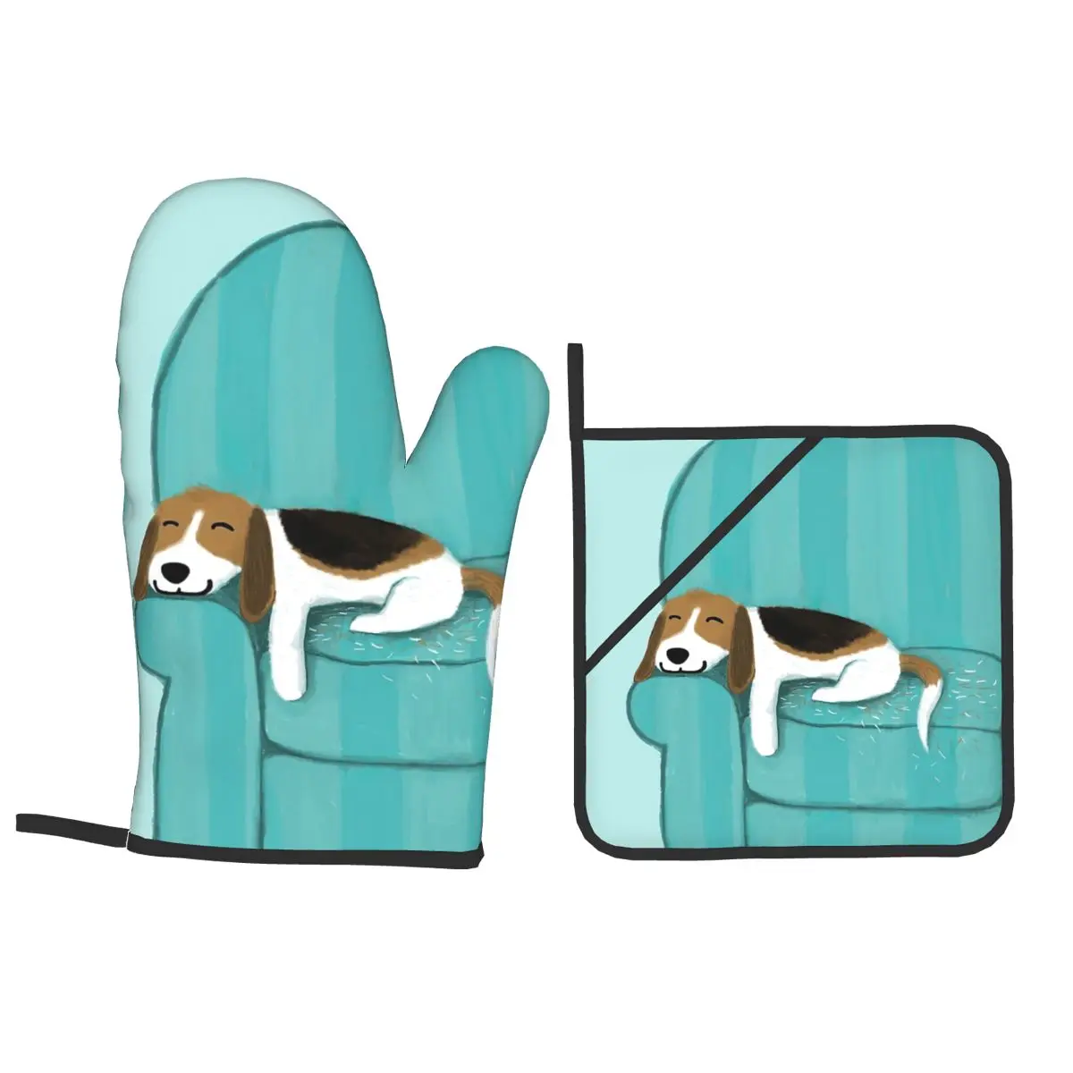 Happy Couch Dog Cute Beagle Oven Mitts and Pot Holder Sets of 4 for Baking Kitchen Cooking BBQ Resistant Non-Slip Gloves