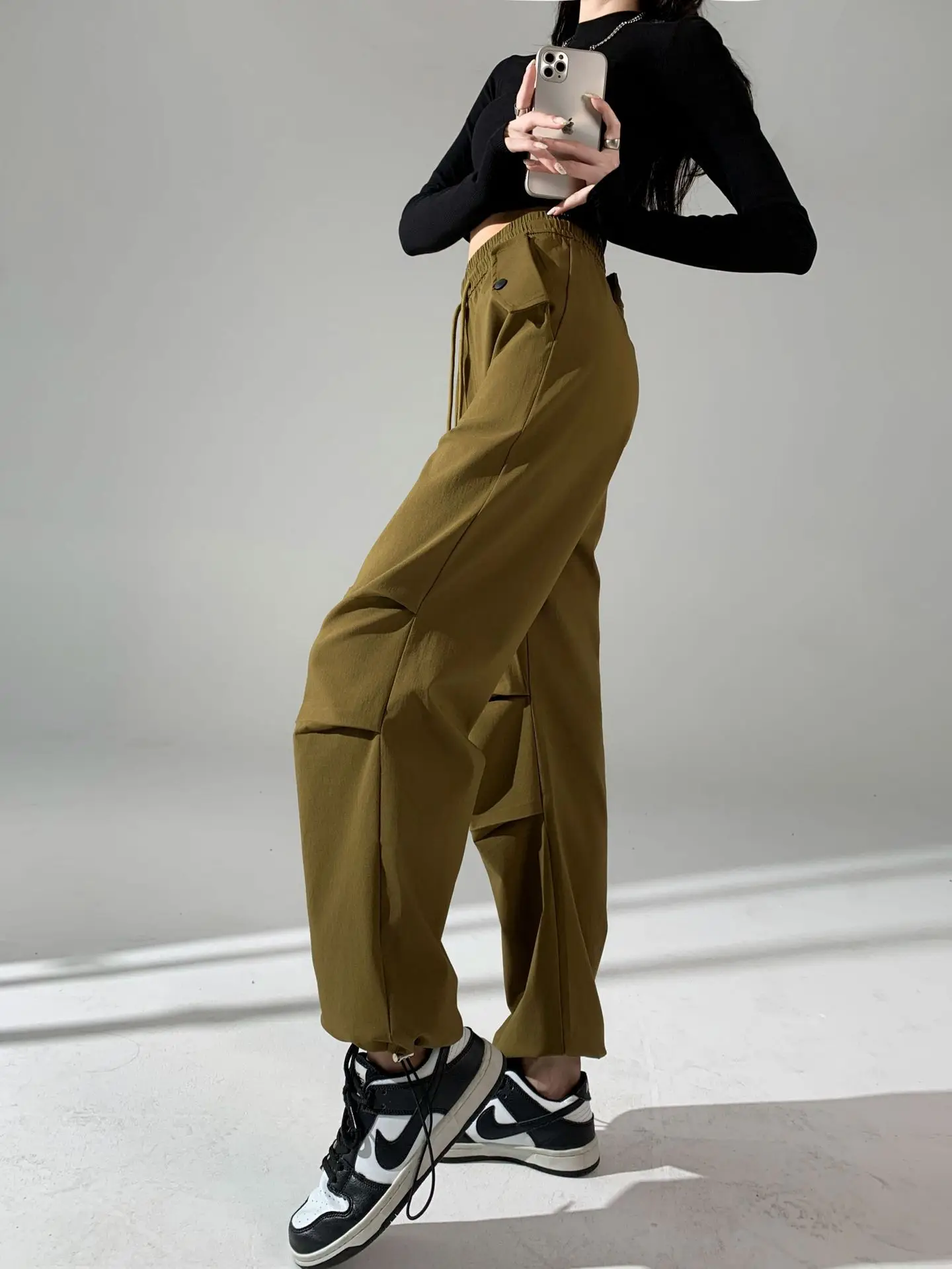 Autumn and Winter New Cotton Twill Loose Thin Pants Women's American Double Wear Pleated Cargo Casual Pants