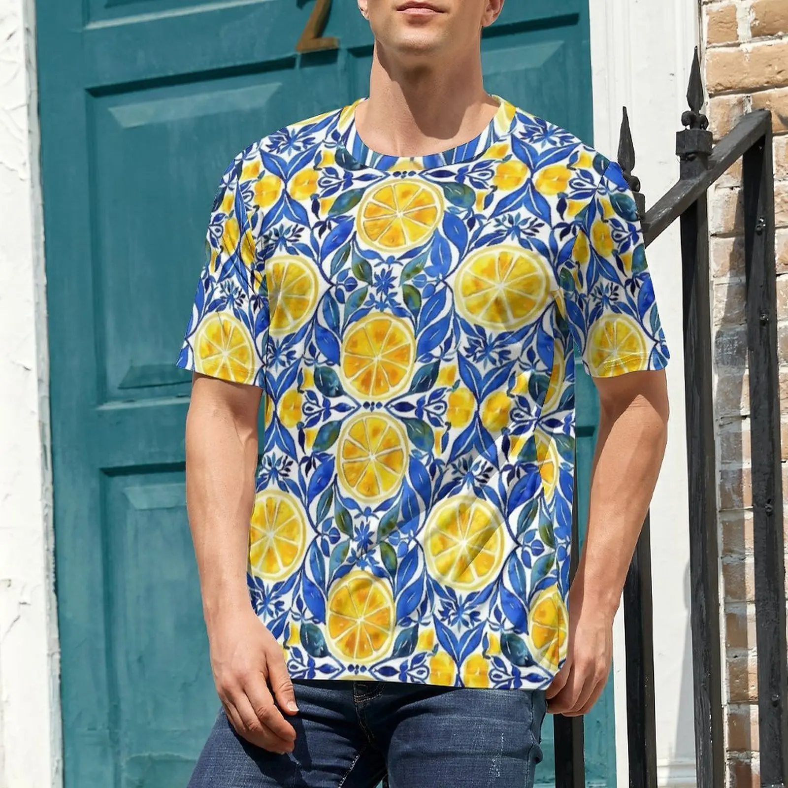 Premium T-Shirt Blue Citrus Tile Print T-Shirts  Funny Harajuku Tee Shirt For Men Short-Sleeve Design Plus Size Clothing
