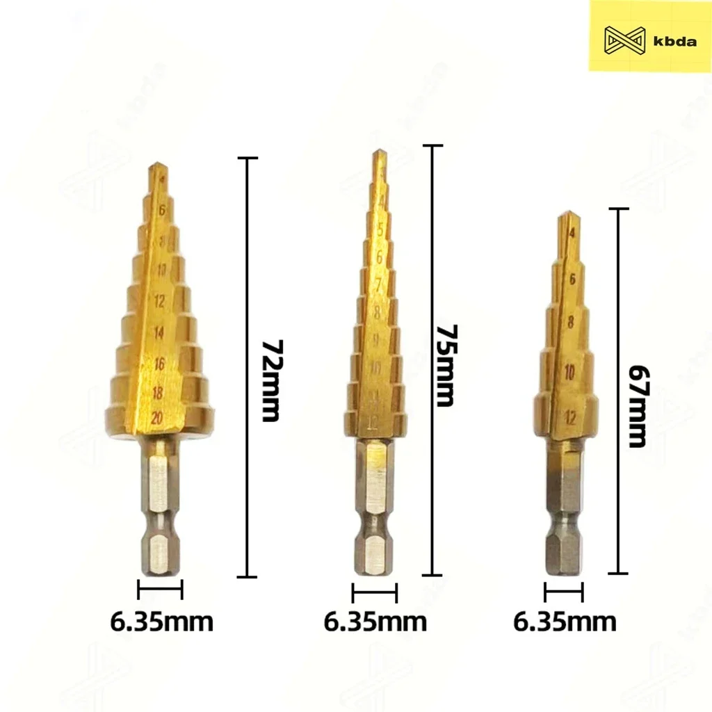 Ступенчатое сверло KBDA, 3 шт./комплект, метрический титановый шестигранный хвостовик, 3-12/4-12/4-20, маленький трехкомпонентный ступенчатый конусный сверлильный инструмент