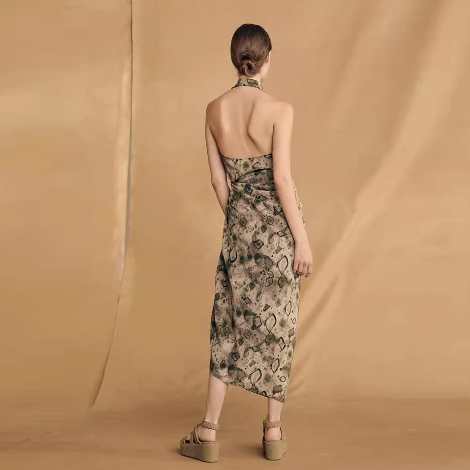 High-end 100% Natural Silk Gentle and Romantic Sexy Small Halter Top+One-piece Wrap Skirt 17-18mm Sand Washed Silk Double Crepe