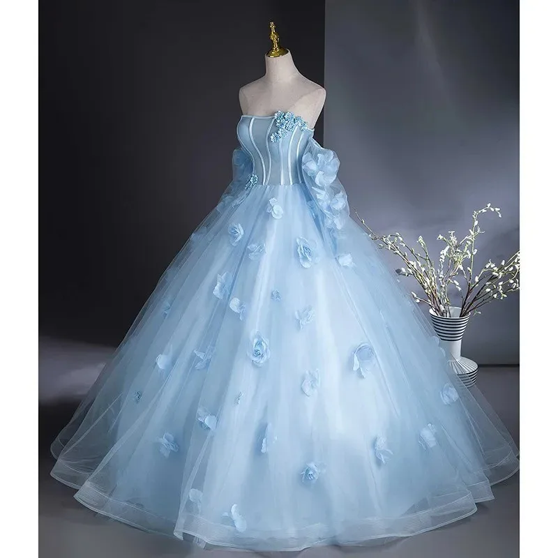 Vestido de novia ligero con estilo y atado en azul claro a la moda, nuevo vestido elegante de satén dulce, vestido Sexy de fiesta con manga de tres partes 2026