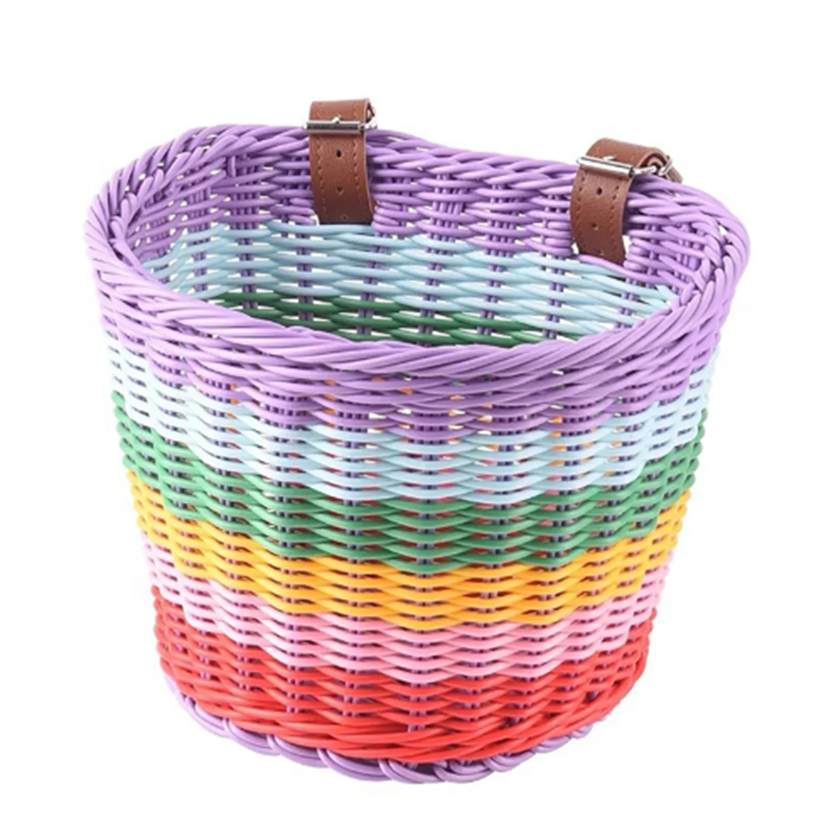 Regenbogenfarbener Fahrradkorb für Kinder, vorderer Lenker, Rattan, Picknickkorb, Kunststoff, Fahrradtasche, Wasserflasche, Puppenetui