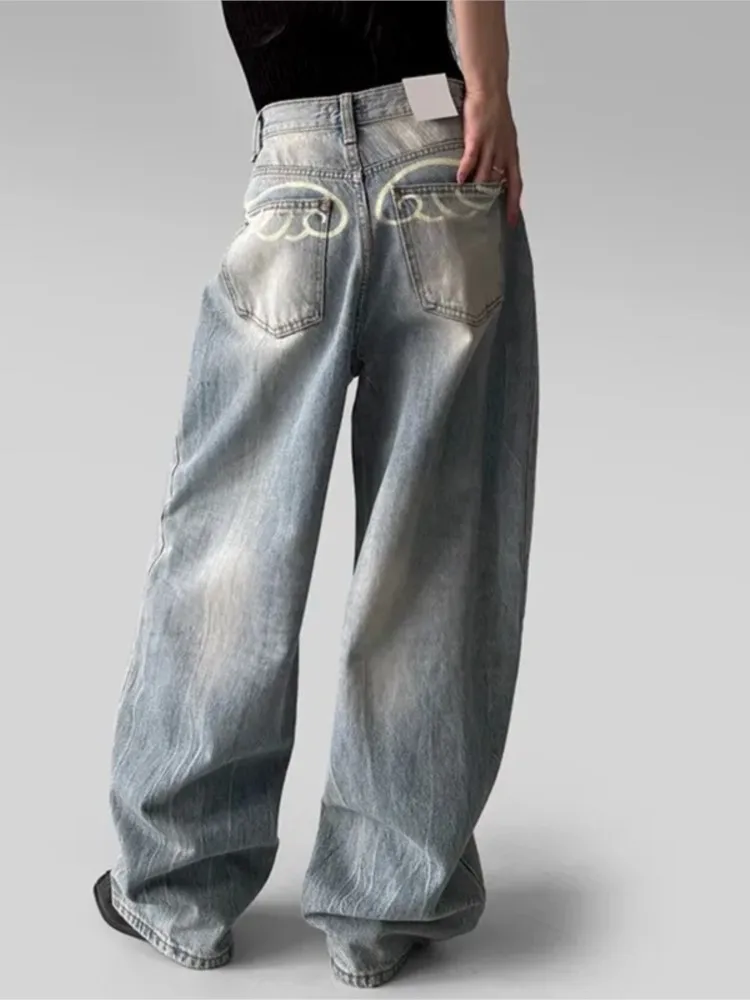 American Retro Design Wings Print Baggy Jeans Women Spring Wash Washed Straight-leg Long Jeans Korean Leisure High Quality Jeans
