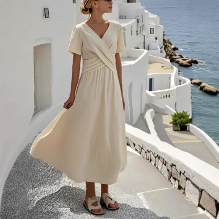 2025 New Fashion Printed Short-sleeved Dress Women Summer Casual Loose Bohemian Vacation Pleated V-neck Dresses For Women