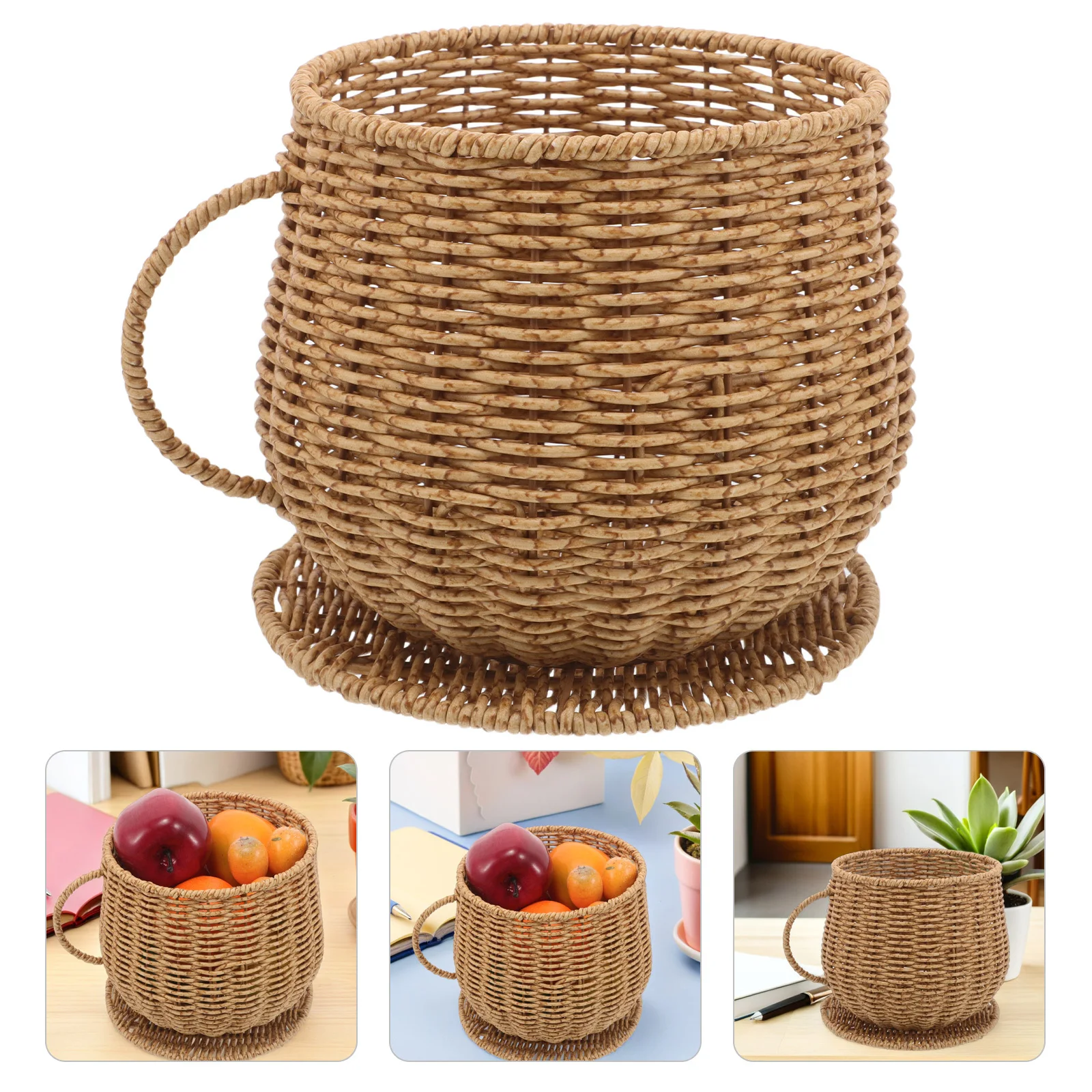 

Handcrafted Faux Rattan Storage Basket Coffee Cup Shape Fruit Vegetable Organizer Kitchen Countertop Bread Serving
