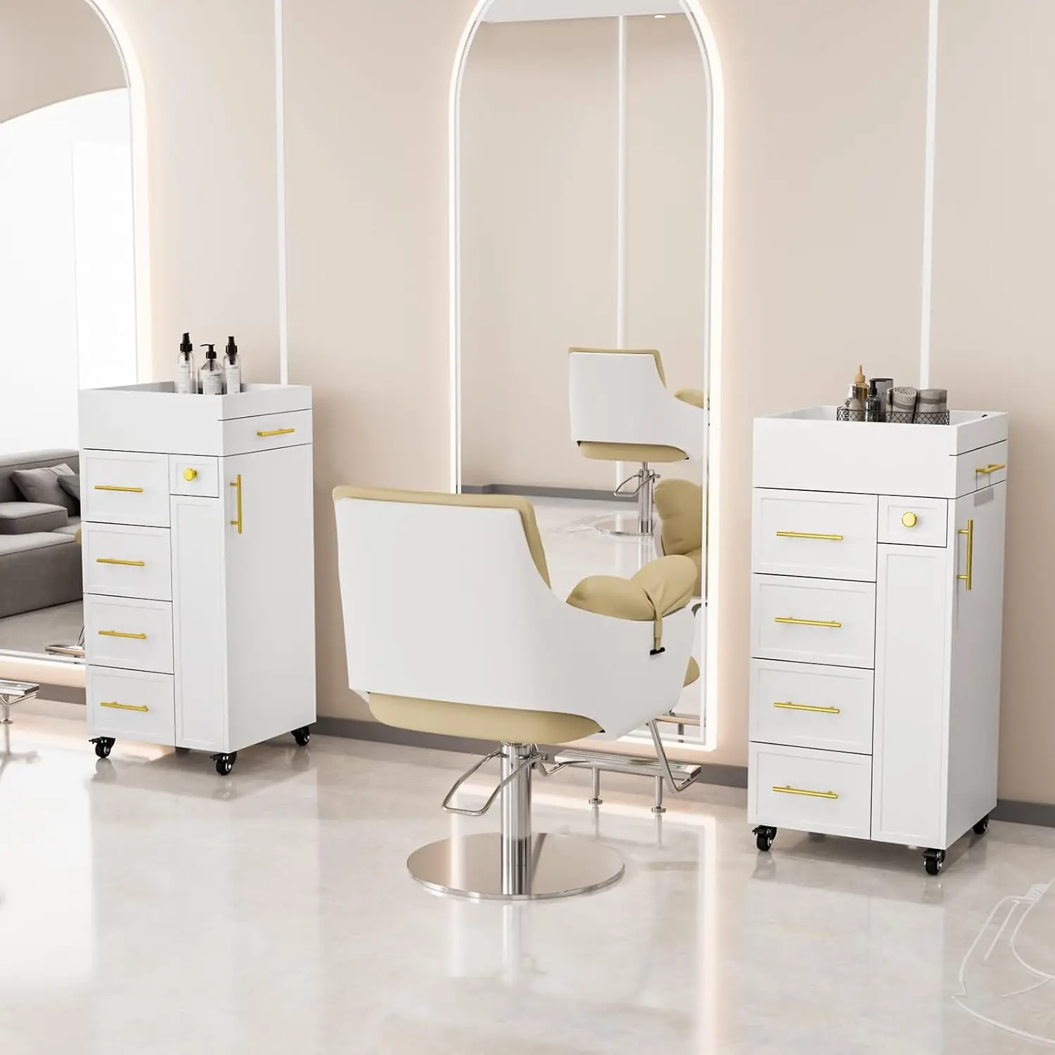 Salon Trolley Cart Hair Styling Station Five Drawers Three Tool Holders Adjustable Shelf Mobile Storage Cabinet Utility Trolley