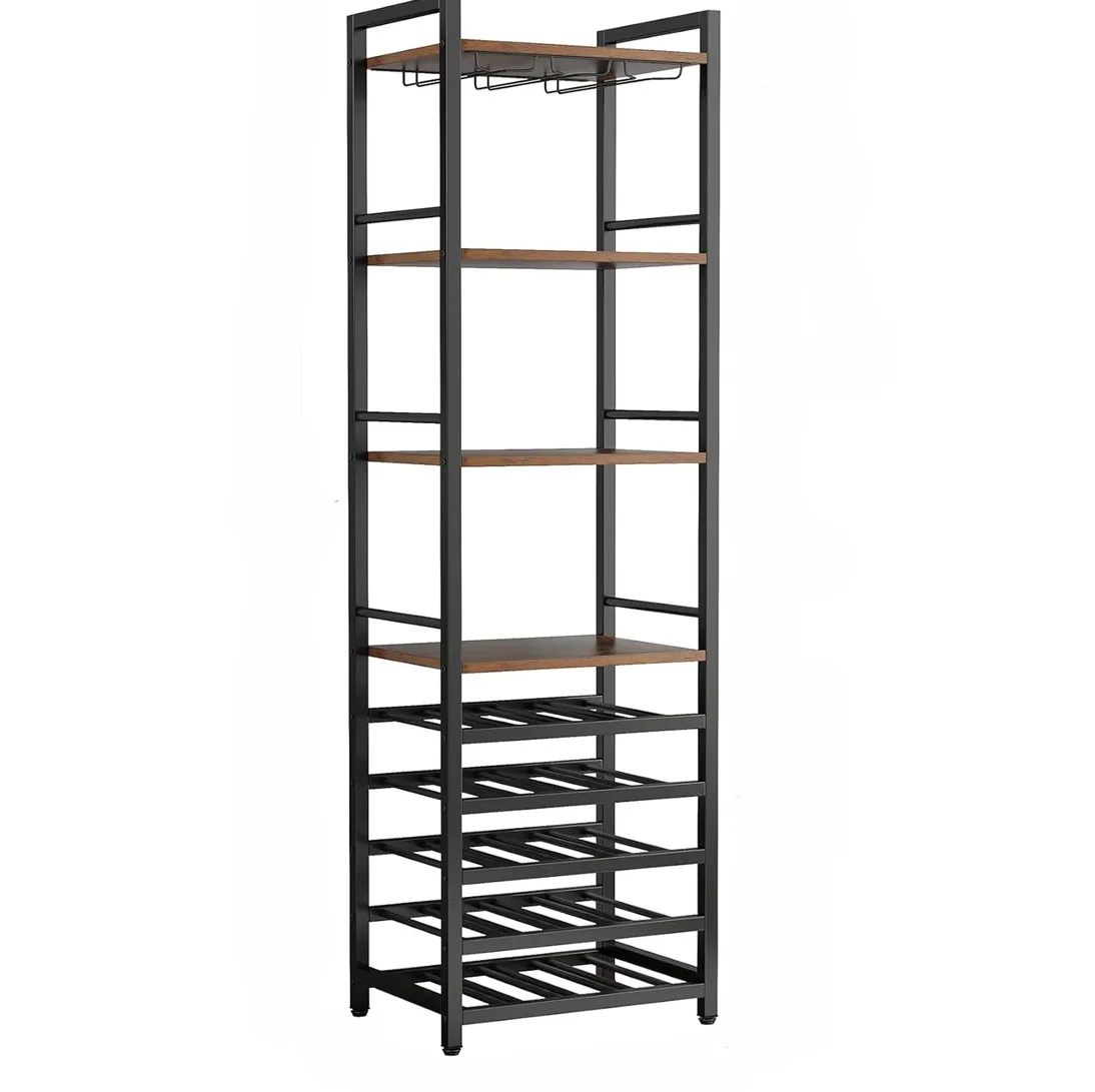 Casier à vin de style industriel avec support à verres et étagères de rangement, 45x35x180 cm