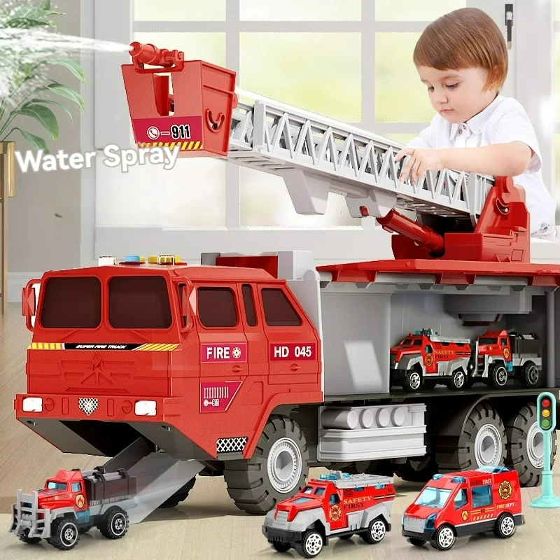 Kids Fire Engine Car Toy Model with Sound Light Ladder Fire Truck Wheel Pull Back Sprinkler Rescue Vehicle Boys Decoration Gifts