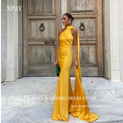 XPAY Simple Gold Silk Satin Mermid Evening Dresses With Scalf Sexy Backless Sexy Party Dress Saudi Arabic Prom Gowns Beach