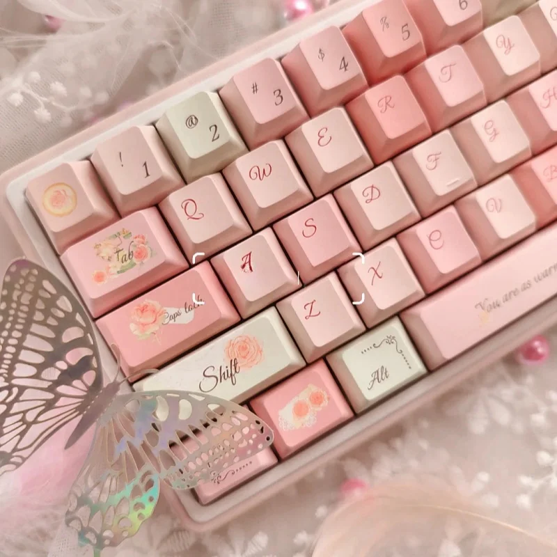 129Keys Pink Keycap Pattern Letterhead Flower Cherry Moa Pbt Ansi/Iso French Romantic Countryside Style Diy Spring Rose Keycaps