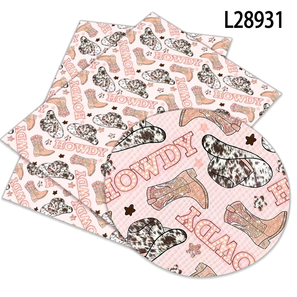 

Pink West Cowboy Boots Print Pattern Faux Leather Vinyl Cross Grain for DIY Hair Bow Jewelry Earring Craft Making
