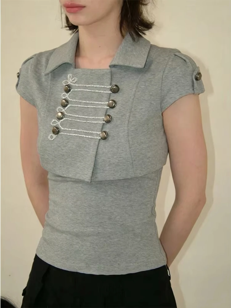 Retro British style breasted knit jacket lapel cover sleeve fake two-piece splicing slim slim hot girl short T-shirt.