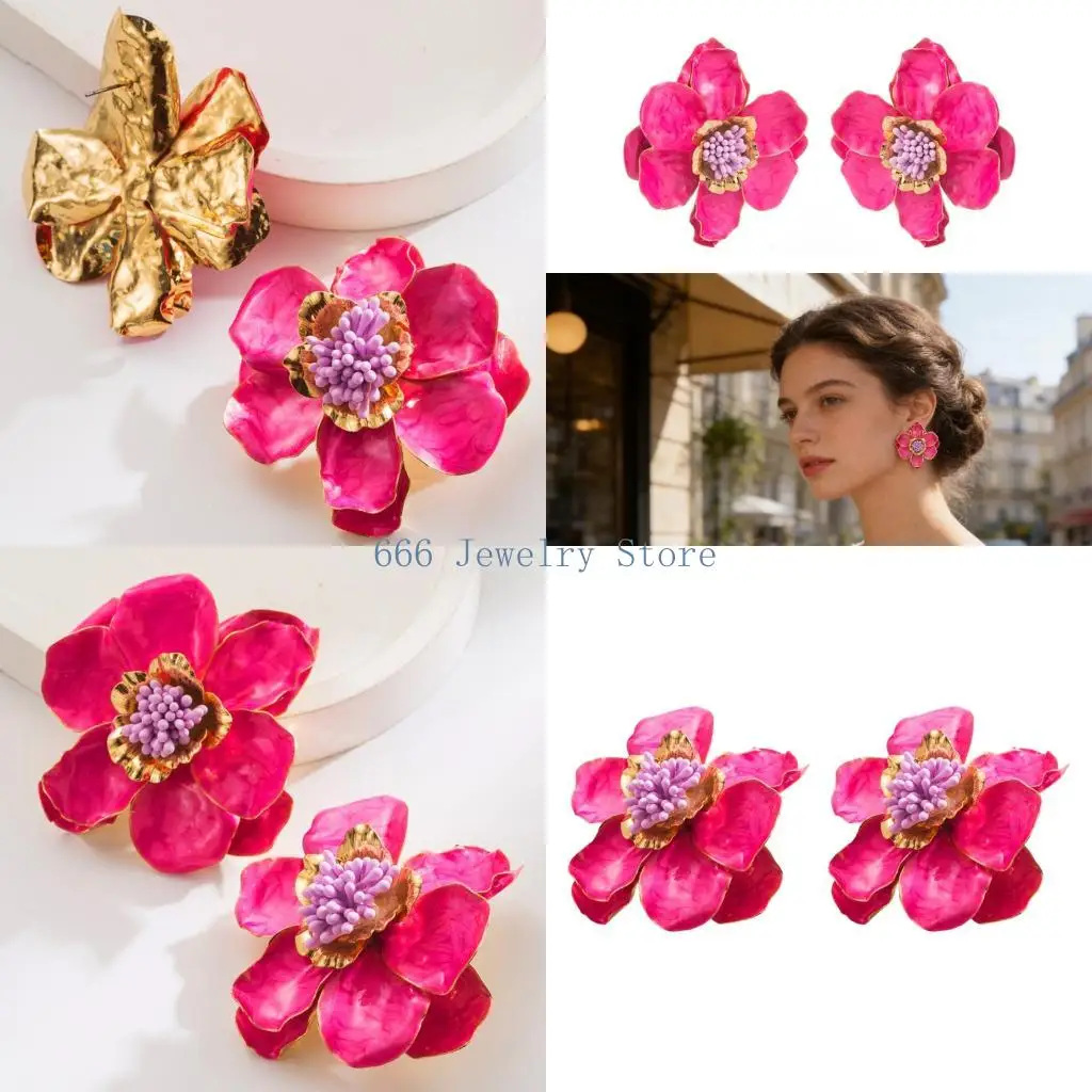 F2TD Elegant Camellia Flower Studs Earrings for Women in Black Alloy Materials