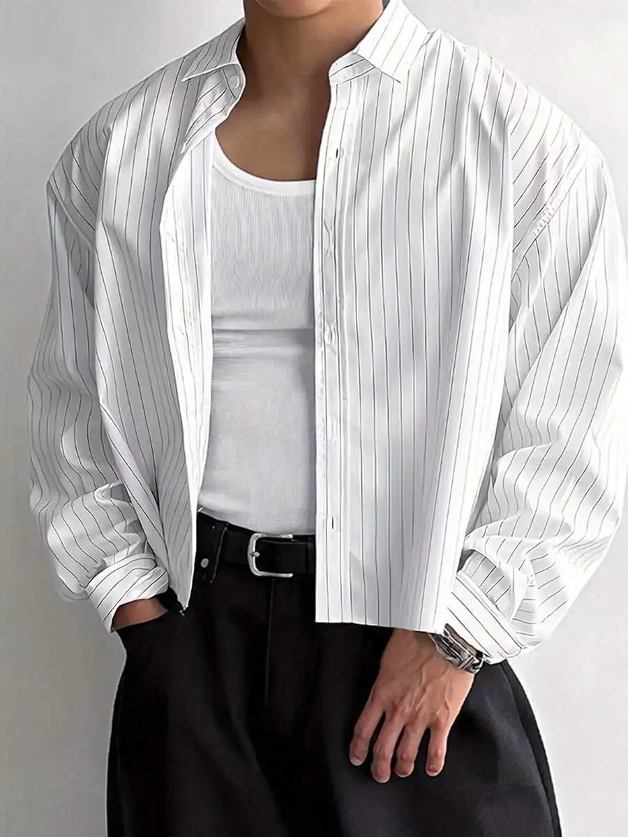 

Men's Loose Fit Striped Long Sleeve Casual Shirt - White with Black Pinstripes