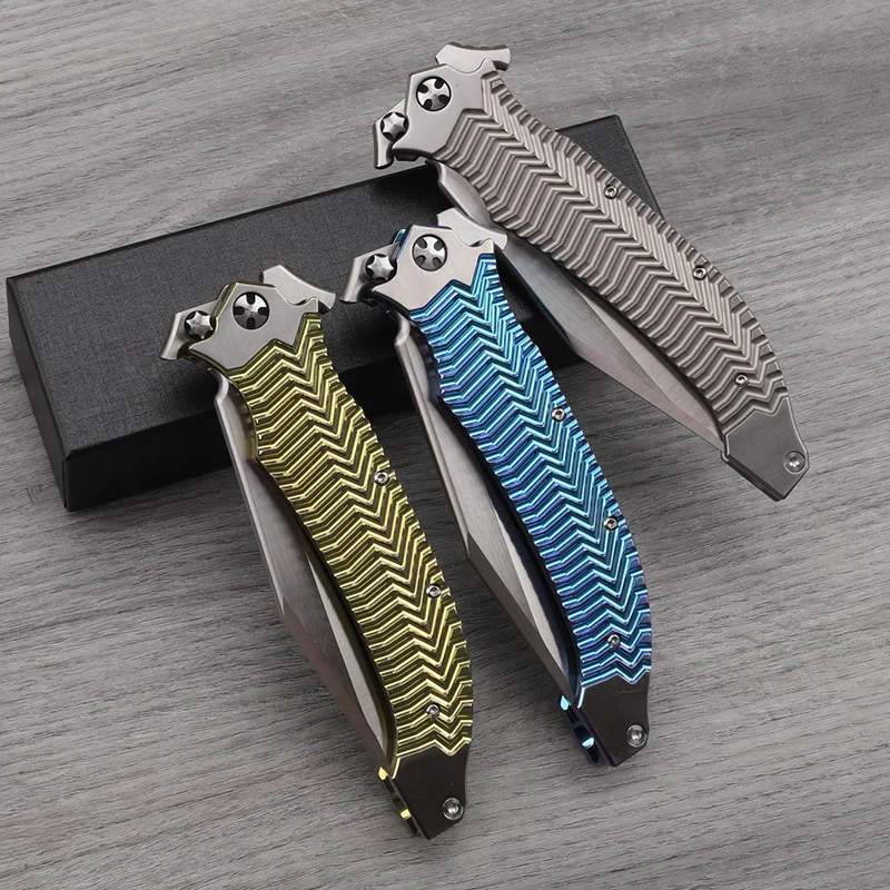 New VG10 Steel Titanium Alloy Handle Folding Knife Outdoor Self Defense Camping Survival Medium length Tool Knife