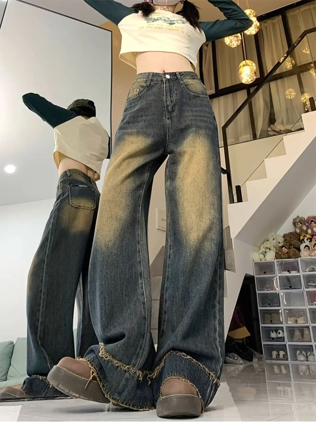 Gray Wide Leg Jeans Women Autumn And Winter 2023 New High Waist Drape Retro Straight Mop Pants