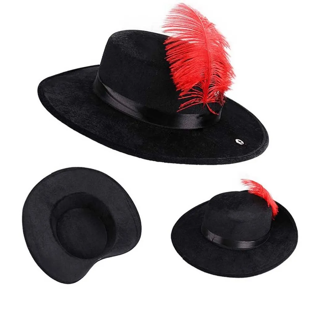 Filz-Cavalier-Zylinder mit künstlichen Federn, flacher Hutkrempe, Bühnenkappe, breiter Krempe, Retro-Stil, Maskerade-Kopfbedeckung, Requisite für Fotostudio – Detail 8