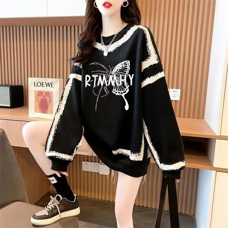 

Small Fresh and Age Reducing Printed Medium to Long Thin Hoodie for Women with Color Blocked Lines Loose and Slimming Top