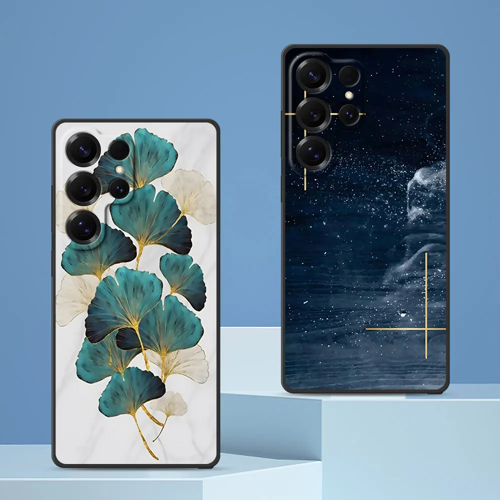 Black Phone Case For Samsung Galaxy S26 S24 S22 S23 S25 S20 FE S7 Edge S9 S10 S21 Ultra S8 Plus TPU Cover Chic Marble Gold Foil