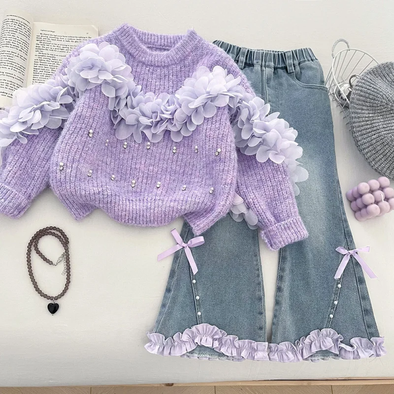 

Girls' Three-Dimensional Flower Beaded Sweater Set for Autumn2025Knitted Sweater Flared Pants Jeans Two-Piece Set