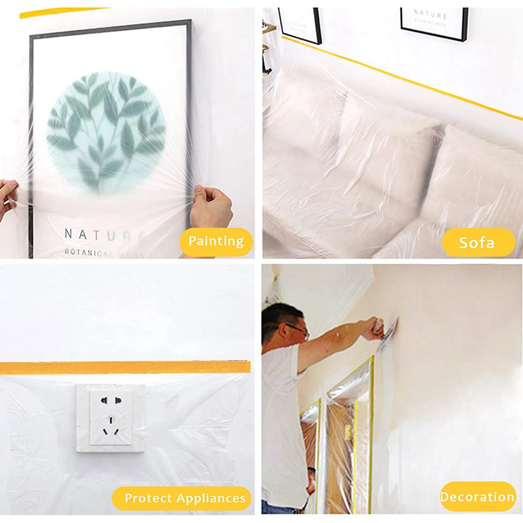 ABGH-8 Pcs Plastic Dust Sheets Roll 0.55 X 20M Pre-Taped Masking Film Drop Cloths For Painting Bed Furniture Covering