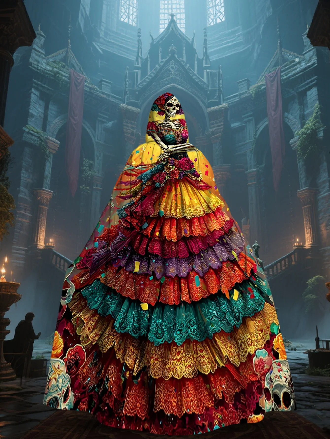Customization 1pc Lianyaoshi Product Selection 2D Flat Printing Day Of The Dead Lightweight Fashion Cloak Colored Skull Lady