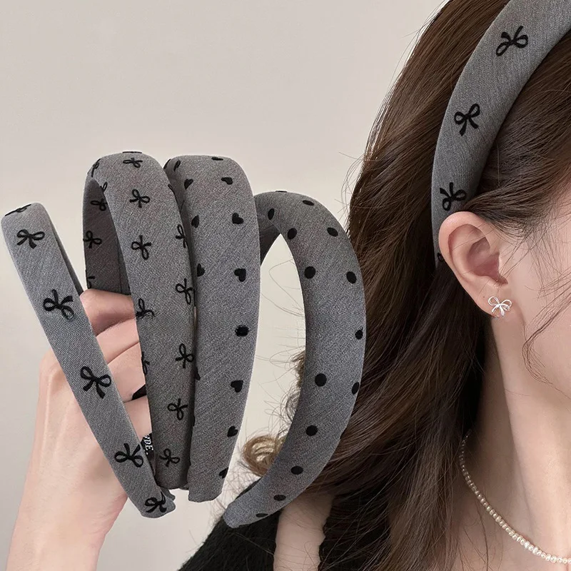 Gray Print Bow Heart Dot Spong Hairband For Women Girl Sweet Hair Ornament Headband Hair Hoop Hair Band Fashion Hair Accessories