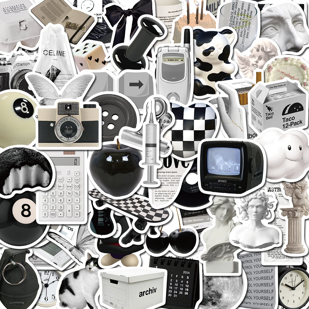 

50PCS Black And White Simple Vintage Stickers For Gift DIY Notebook Luggage Motorcycle Laptop Refrigerator Decals Graffiti