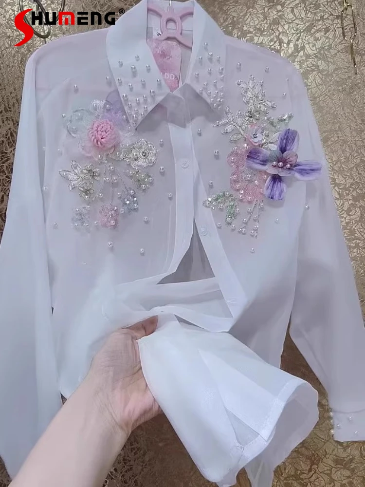 

Женские рубашки ранней осени 2025 года, новые солнцезащитные рубашки, красивые трехмерные рубашки феи, женские топы с цветочным принтом и блестками из бисера