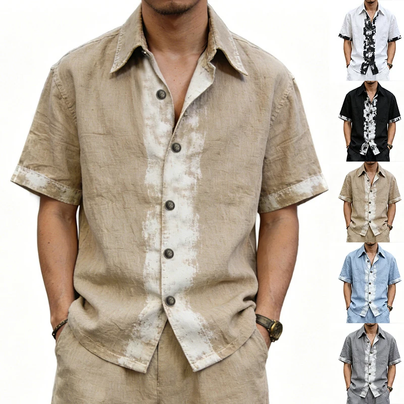 European & American Summer Men's Trendy Splash Ink Graffiti Linen Loose Retro Lapel Short Sleeve Shirt
