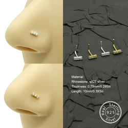 Fashion 925 Sterling Silver Nose Piercing Jewelry Women Three Zircons L Shape Nose Ear Stud Nez Pircing Nariz Joyería Corporal